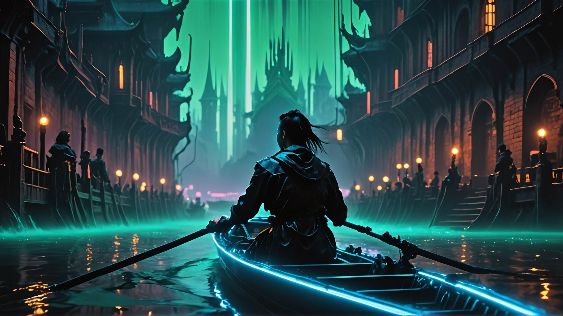 AI generated wallpaper featuring person, boat, city