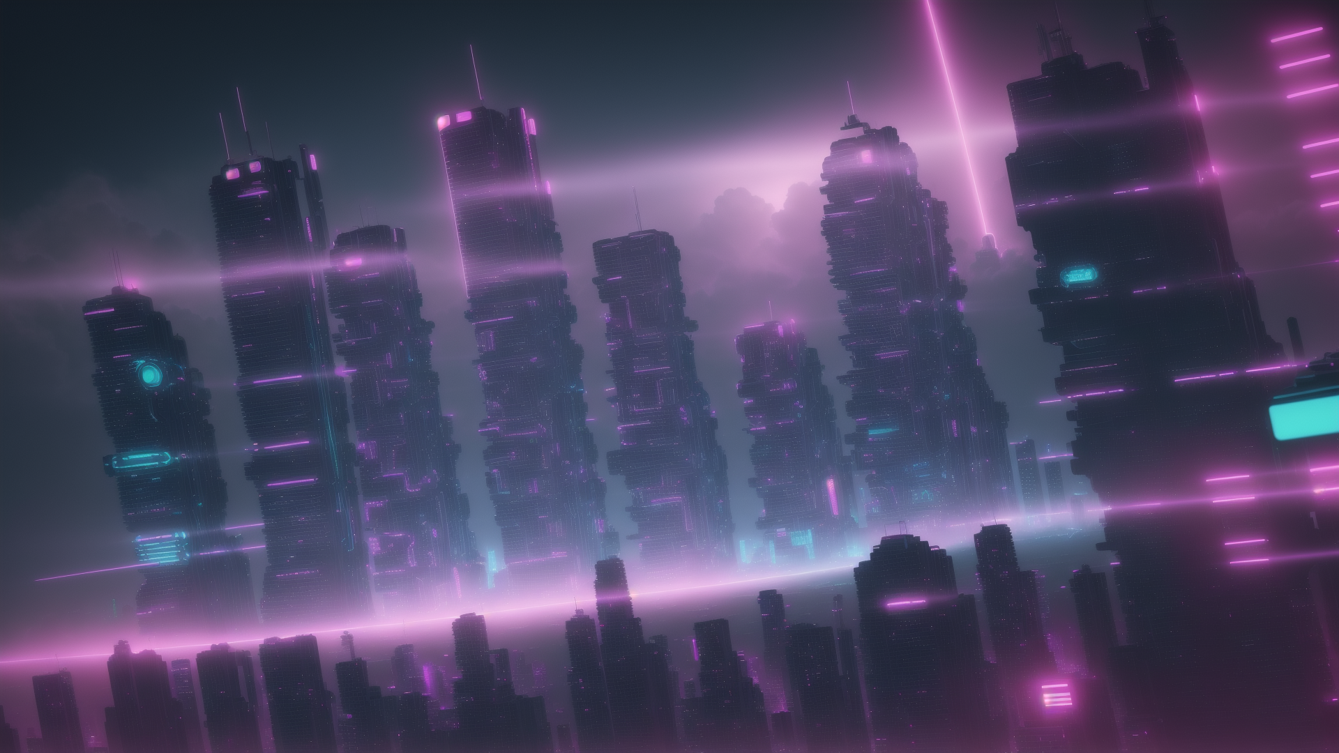 AI generated wallpaper featuring cityscape, skyscrapers, neon