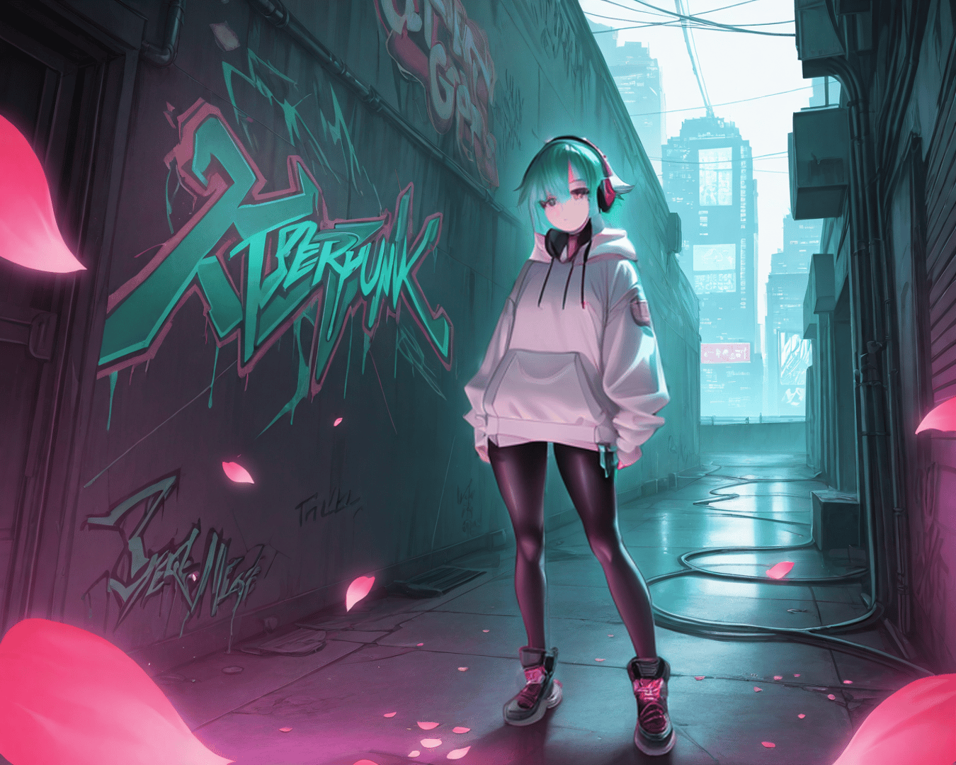 AI generated wallpaper featuring girl, cyberpunk, alley