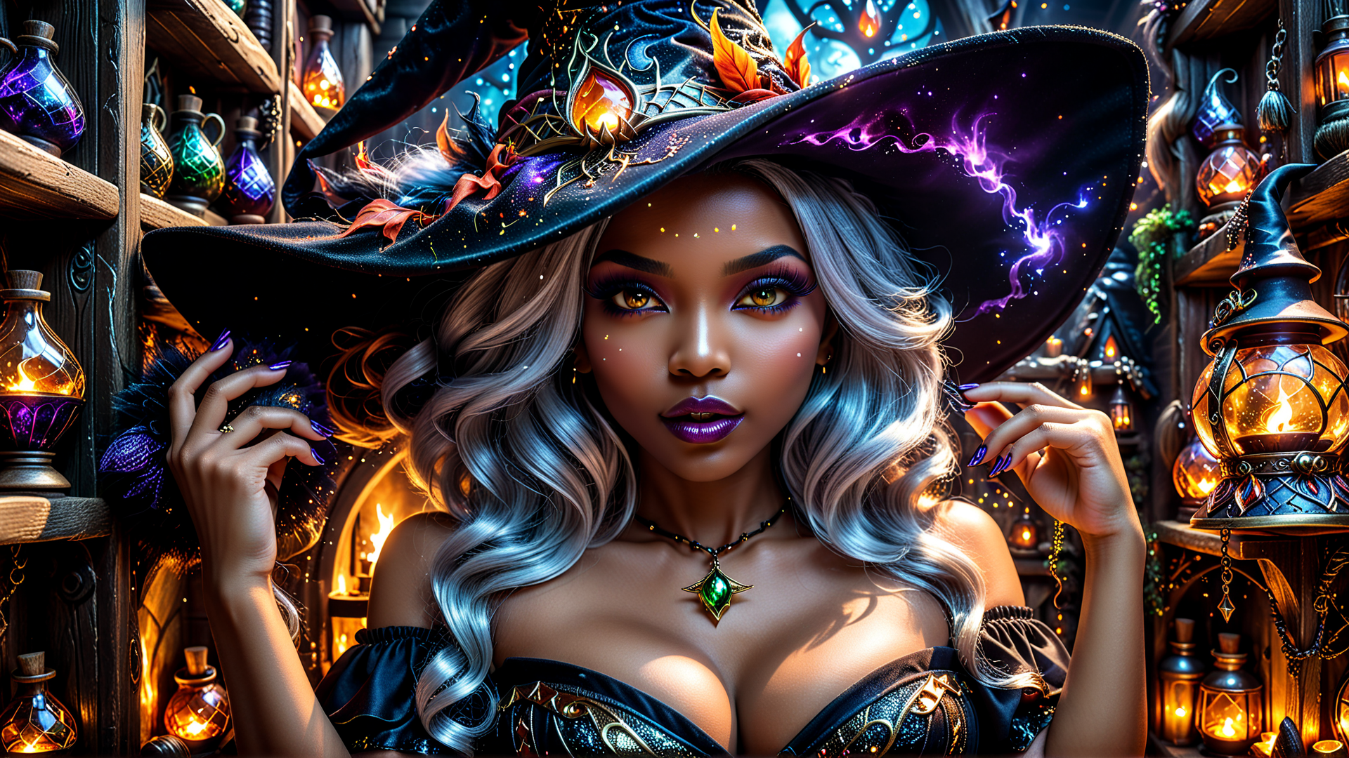 AI generated wallpaper featuring witch, hats, lamps, bottles, hair, necklace, fire, magic, lamps, shelves