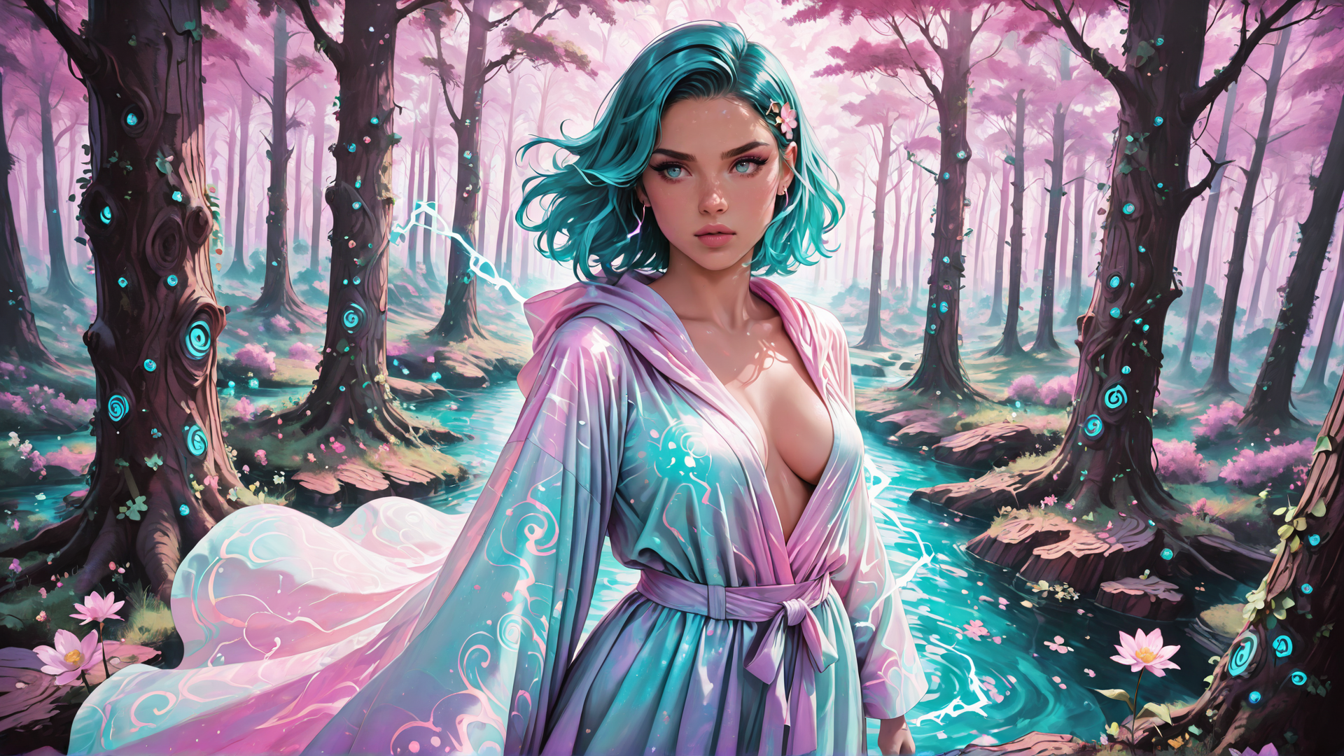 AI generated wallpaper featuring woman, forest, trees, river, lotus, glowing, sparkles, dress, hair, flowers