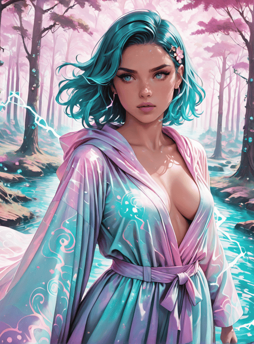 woman, forest, trees, river, lotus, glowing, sparkles, dress, hair, flowers