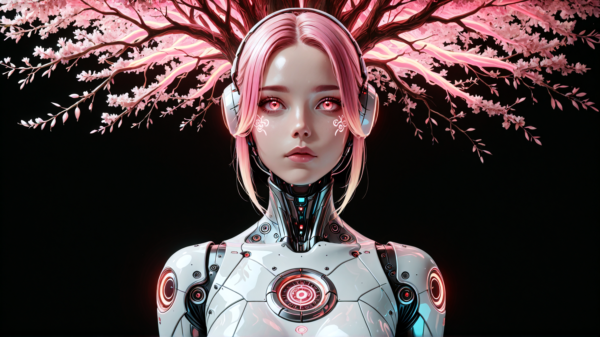 AI generated wallpaper featuring cyborg, sakura, robot, headphones, tree, futuristic, anime