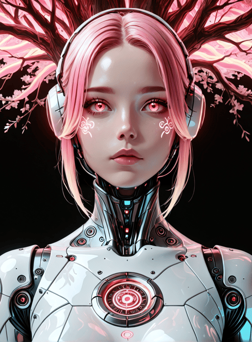 cyborg, sakura, robot, headphones, tree, futuristic, anime