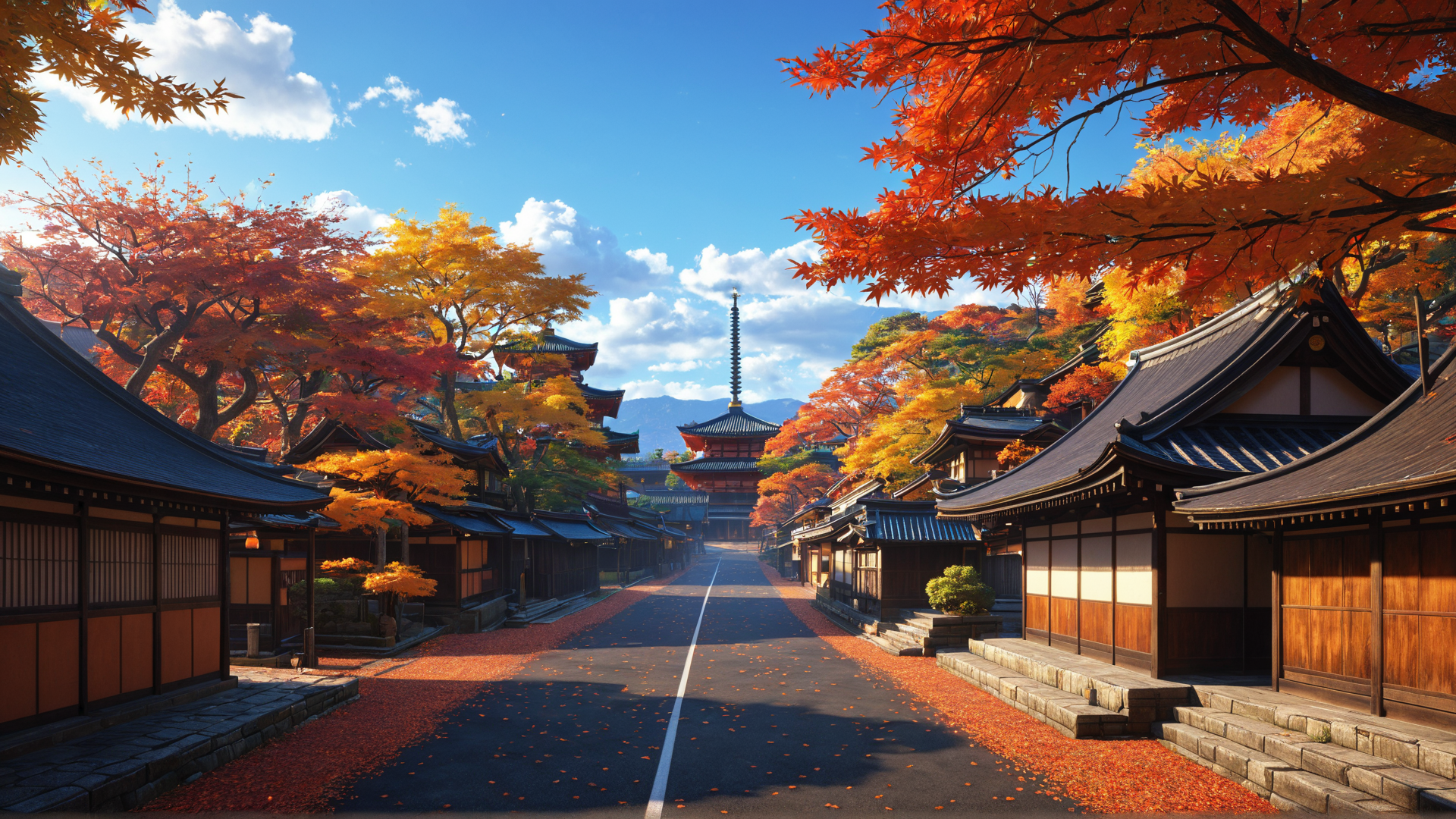 AI generated wallpaper featuring temple, street, maple trees, traditional buildings, pagoda