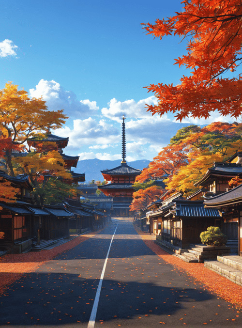 temple, street, maple trees, traditional buildings, pagoda