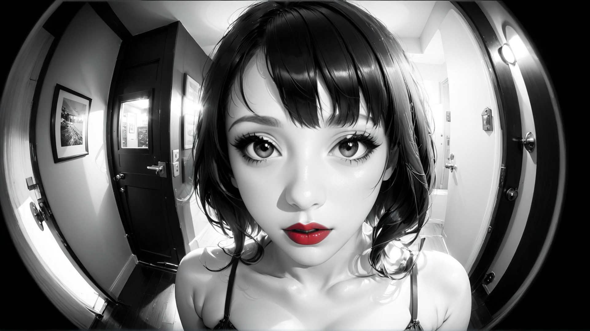 AI generated wallpaper featuring woman, mirror, door, room