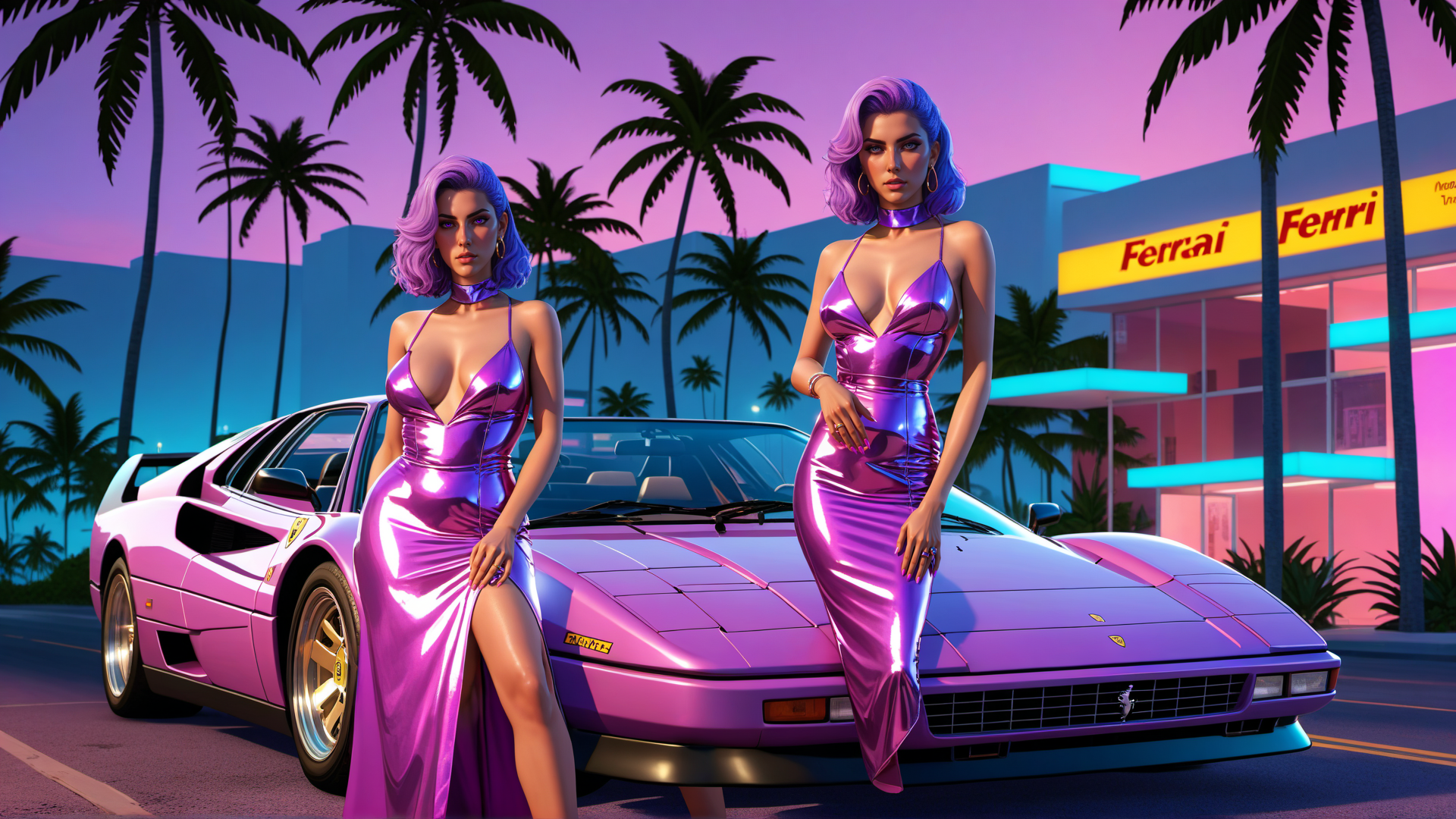 AI generated wallpaper featuring women, sports car, ferrari
