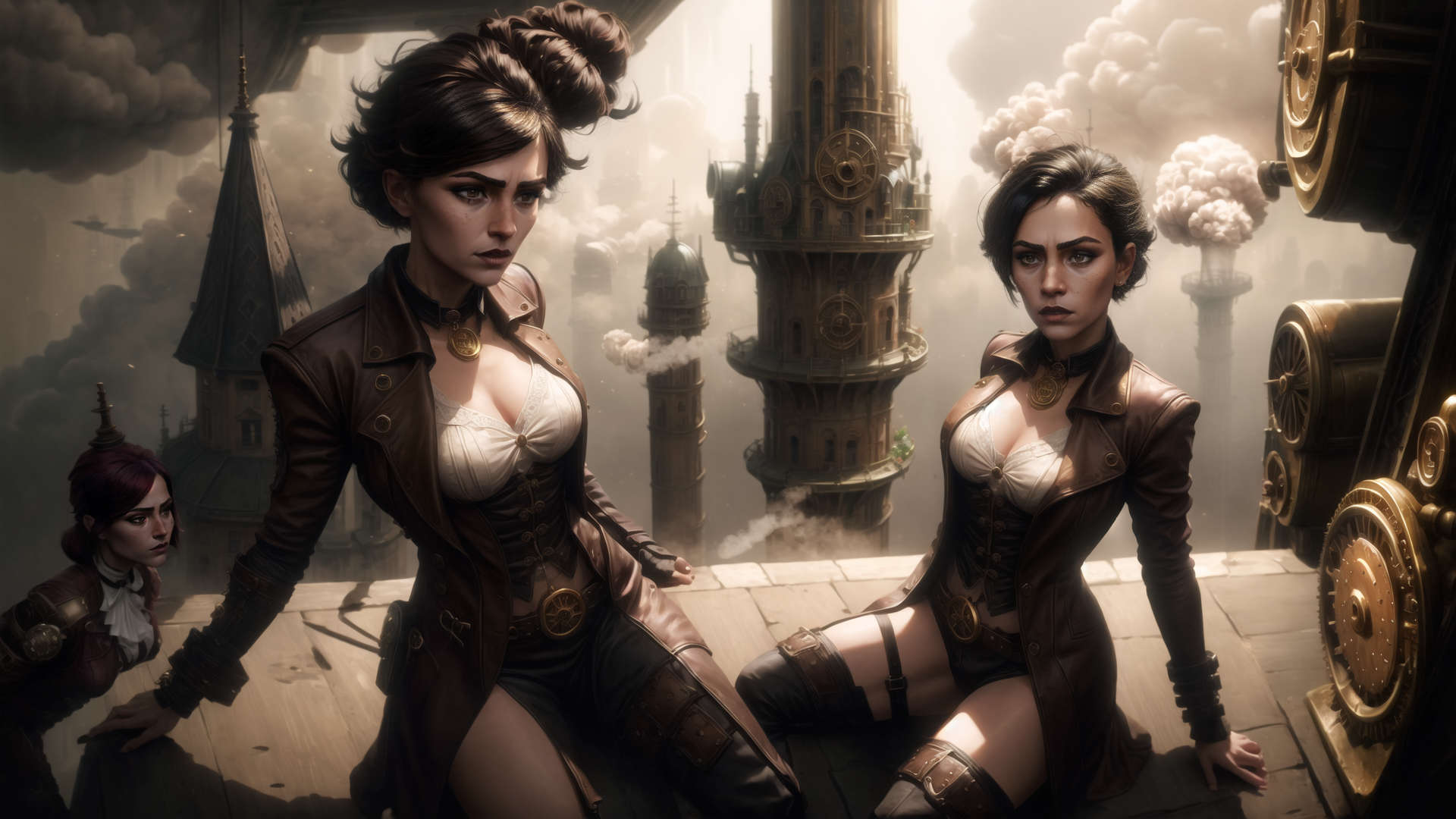 AI generated wallpaper featuring women, steampunk, cityscape