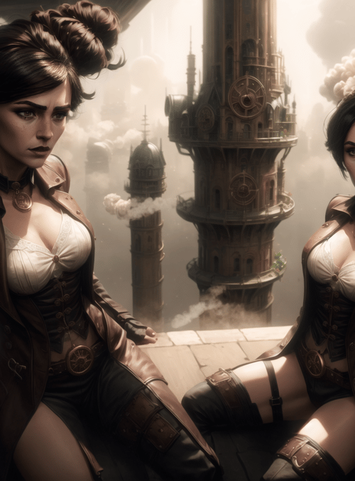 women, steampunk, cityscape