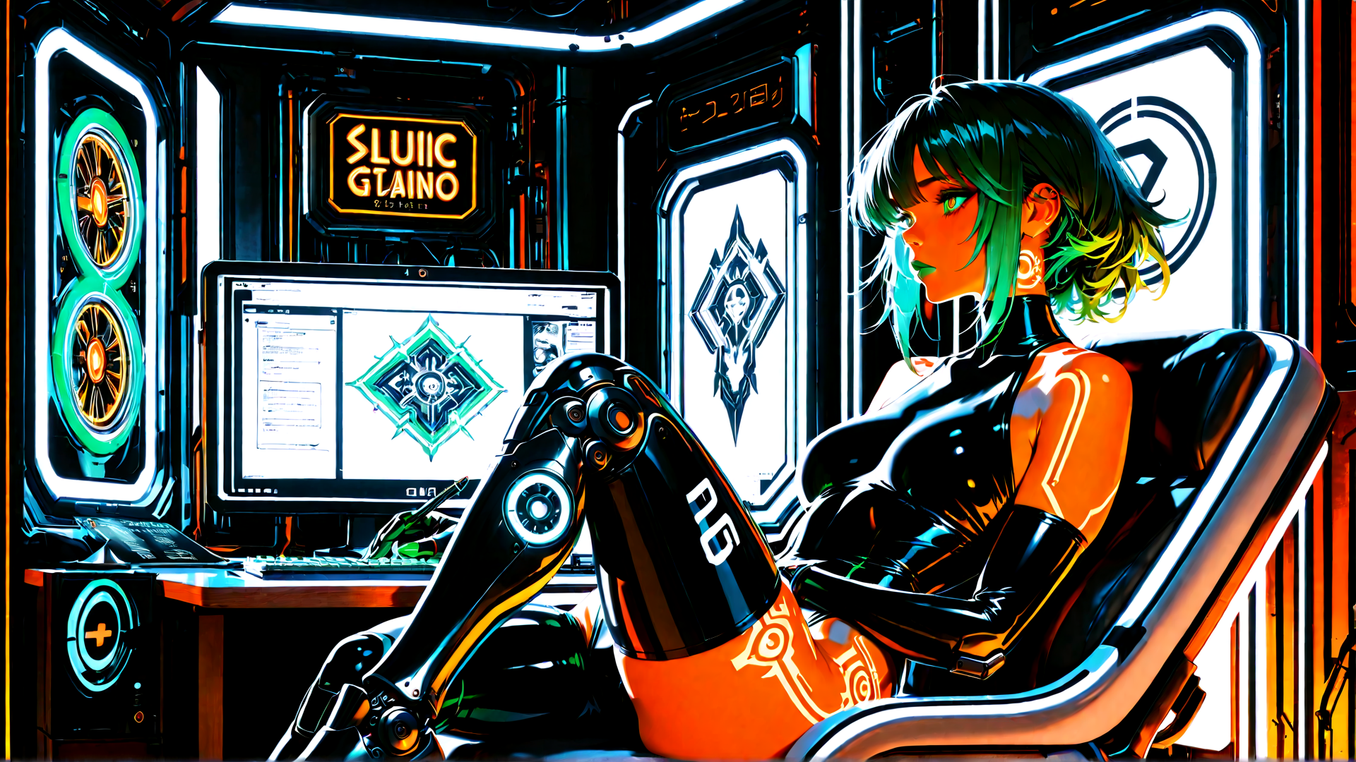 AI generated wallpaper featuring cyborg, woman, robot arm, computer, monitor, neon, futurism, tech