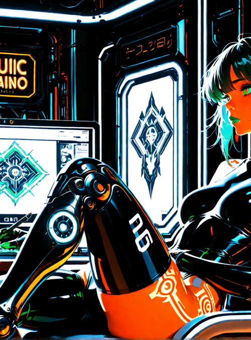 cyborg, woman, robot arm, computer, monitor, neon, futurism, tech