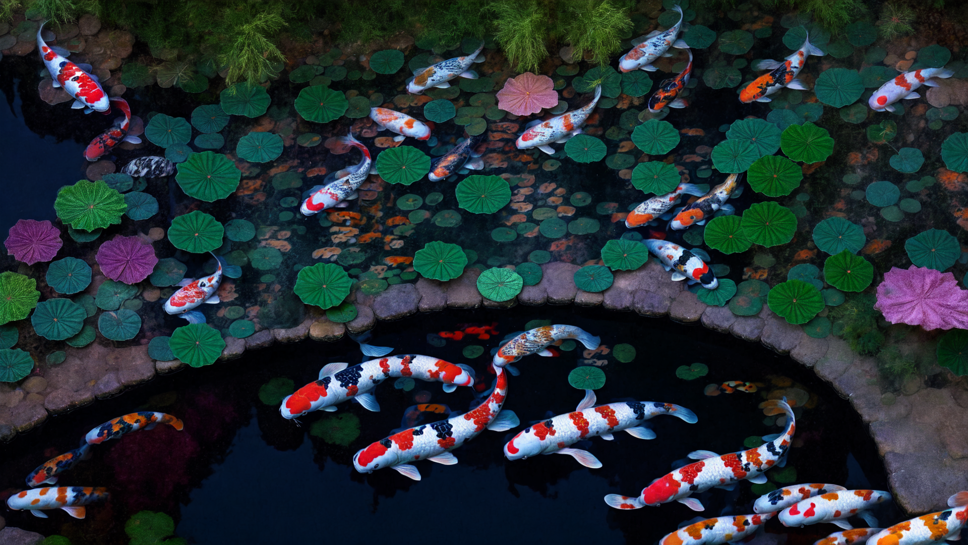AI generated wallpaper featuring koi fish, lotus leaves, pond, water