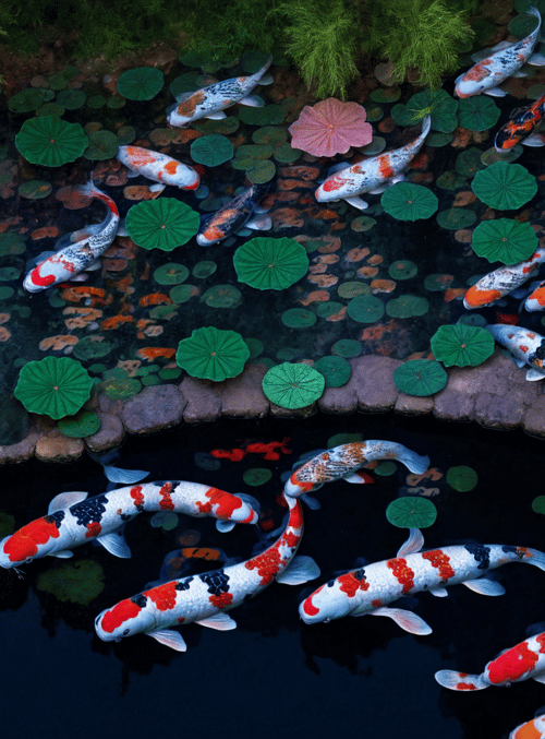koi fish, lotus leaves, pond, water