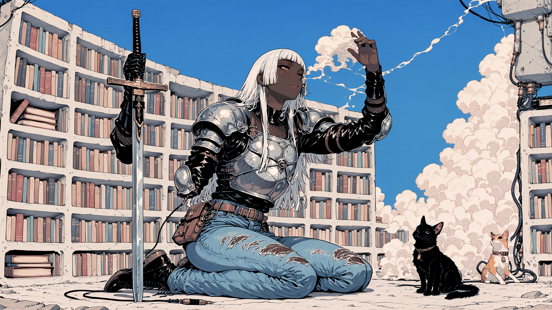 AI generated wallpaper featuring woman, sword, cat, dog, bookshelf, armor, jeans, cloud, mechanism, smoke
