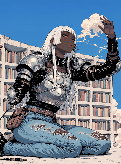 woman, sword, cat, dog, bookshelf, armor, jeans, cloud, mechanism, smoke
