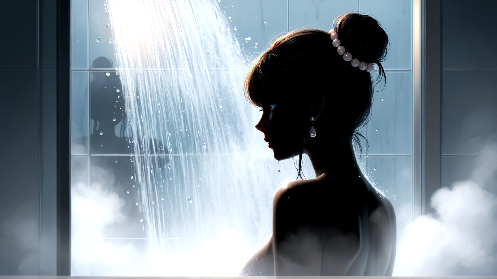 AI generated wallpaper featuring woman, shower, silhouette