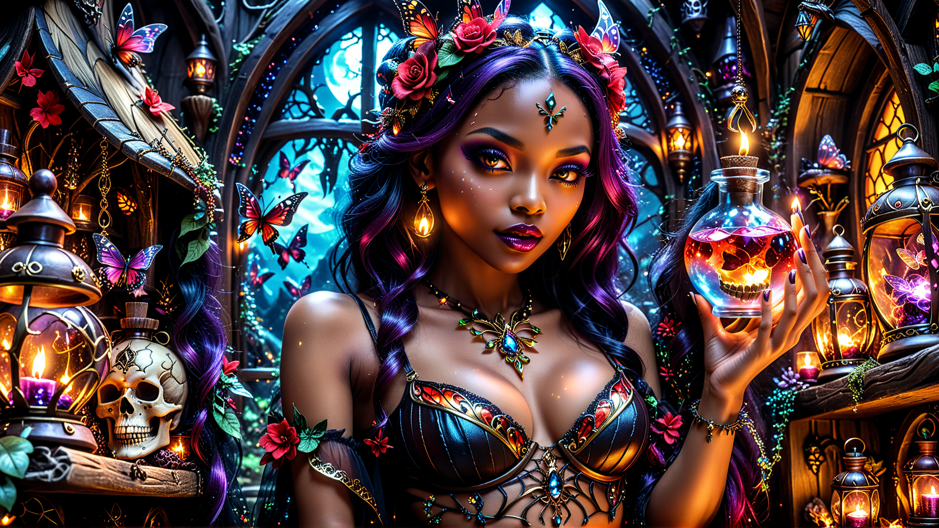 AI generated wallpaper featuring woman, bottle, butterfly, skull, lantern, flower, dress, candle, window, necklace