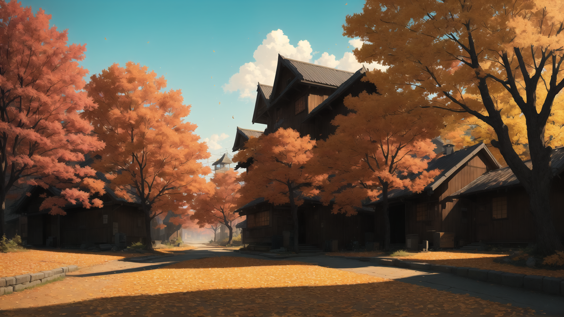 AI generated wallpaper featuring trees, houses, street
