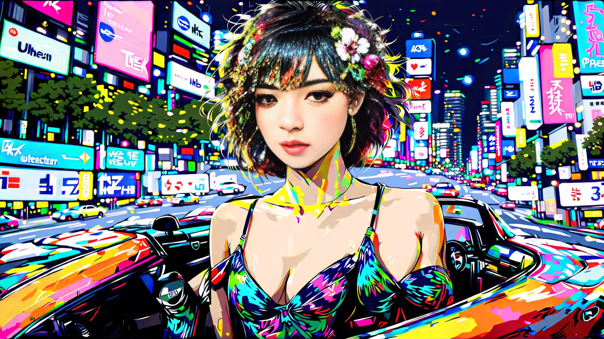 AI generated wallpaper featuring woman, car, city