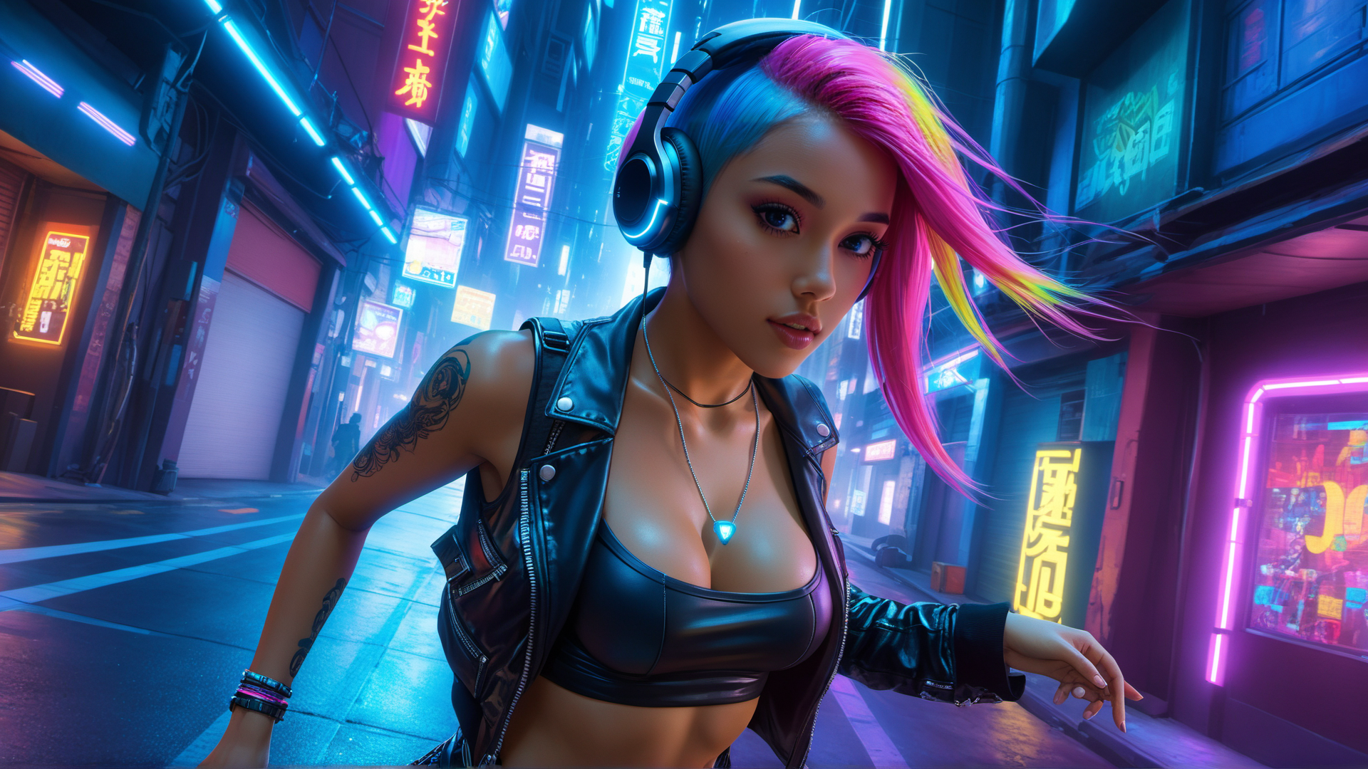 AI generated wallpaper featuring woman, neon, cyberpunk