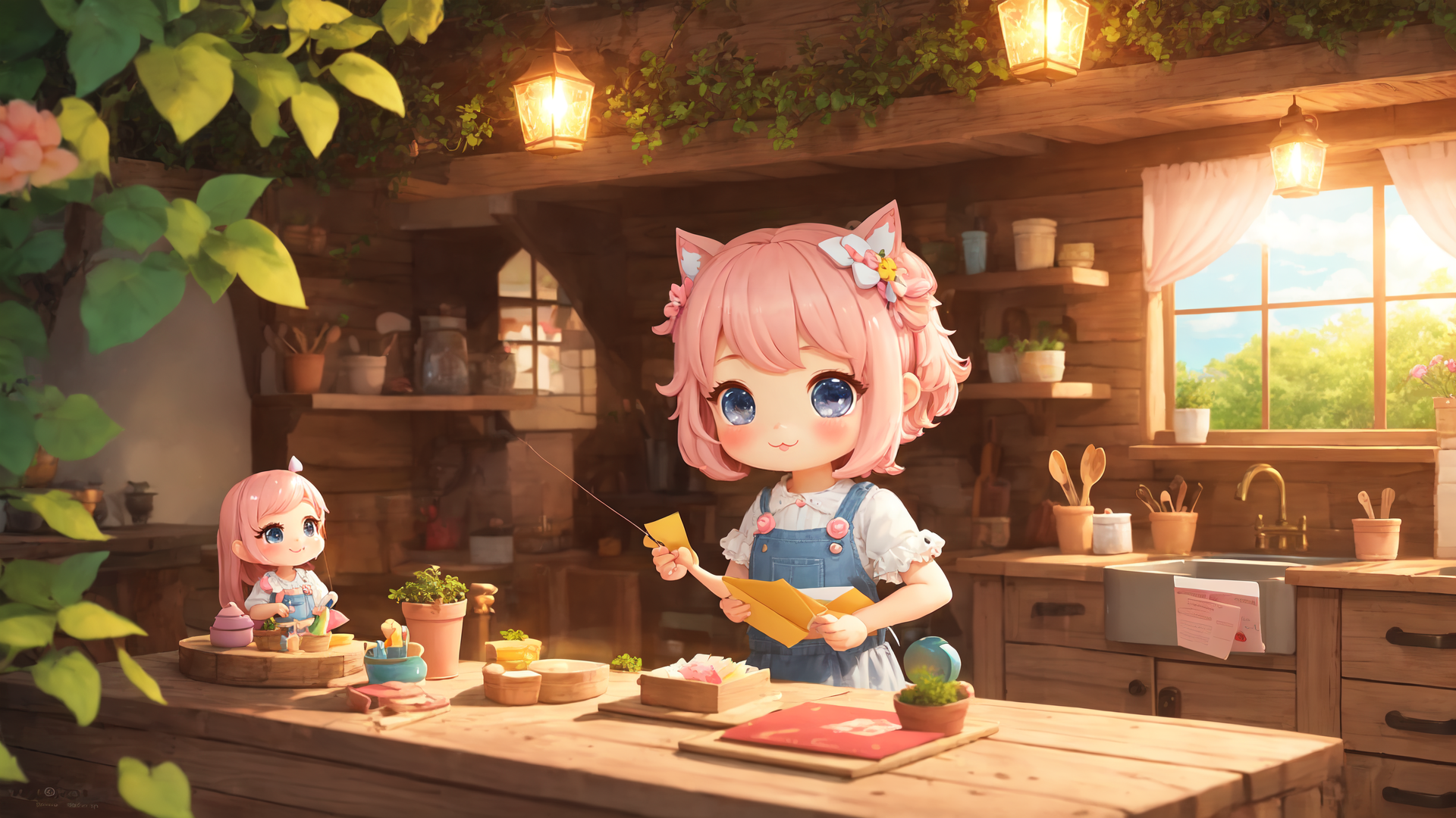 AI generated wallpaper featuring girl, kitchen, cat ears, envelope, plants, wooden table, cabin, toys, baking, butterfly