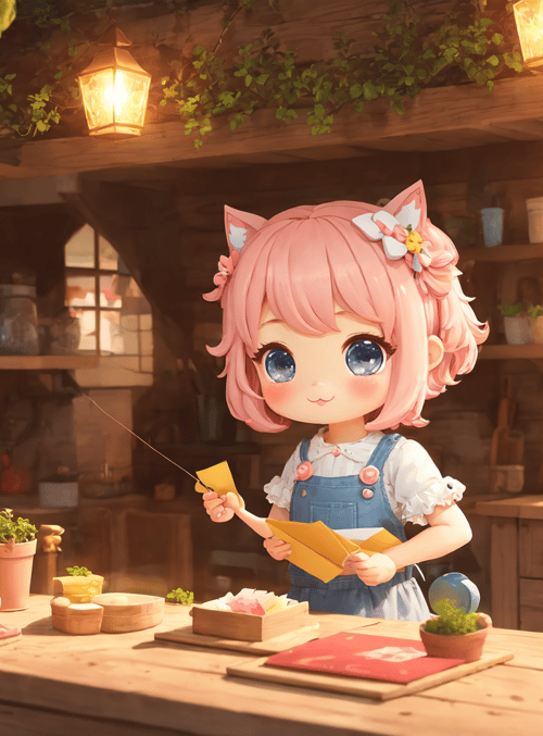 girl, kitchen, cat ears, envelope, plants, wooden table, cabin, toys, baking, butterfly