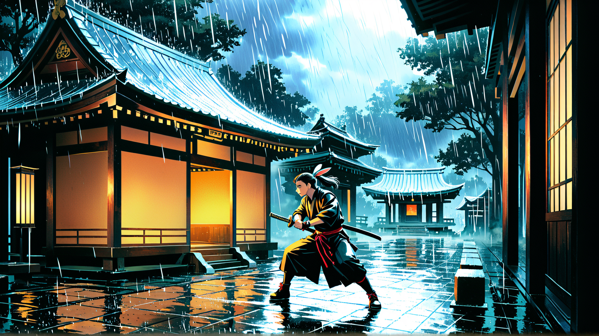 AI generated wallpaper featuring samurai, traditional building, rain, sword, stone path, lantern, tree, roof, door, window