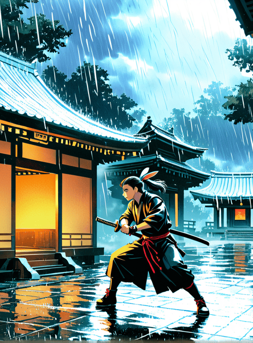 samurai, traditional building, rain, sword, stone path, lantern, tree, roof, door, window