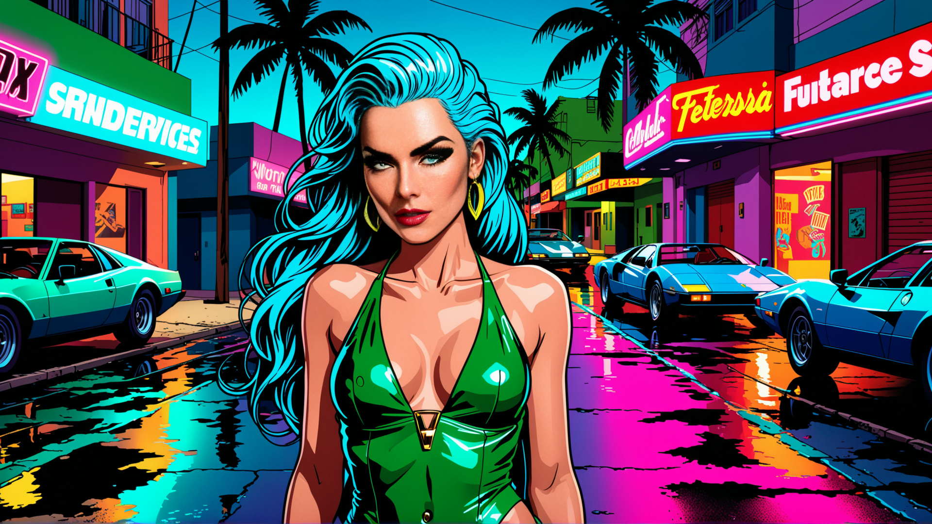 AI generated wallpaper featuring woman, cars, street