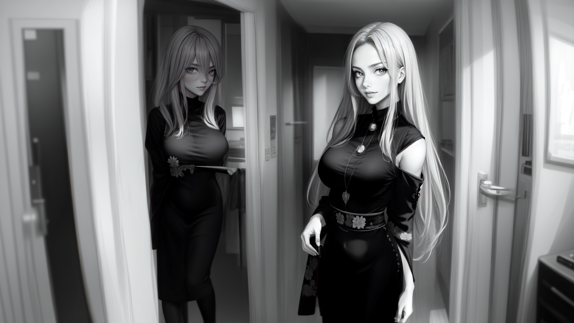 AI generated wallpaper featuring women, dress, mirror