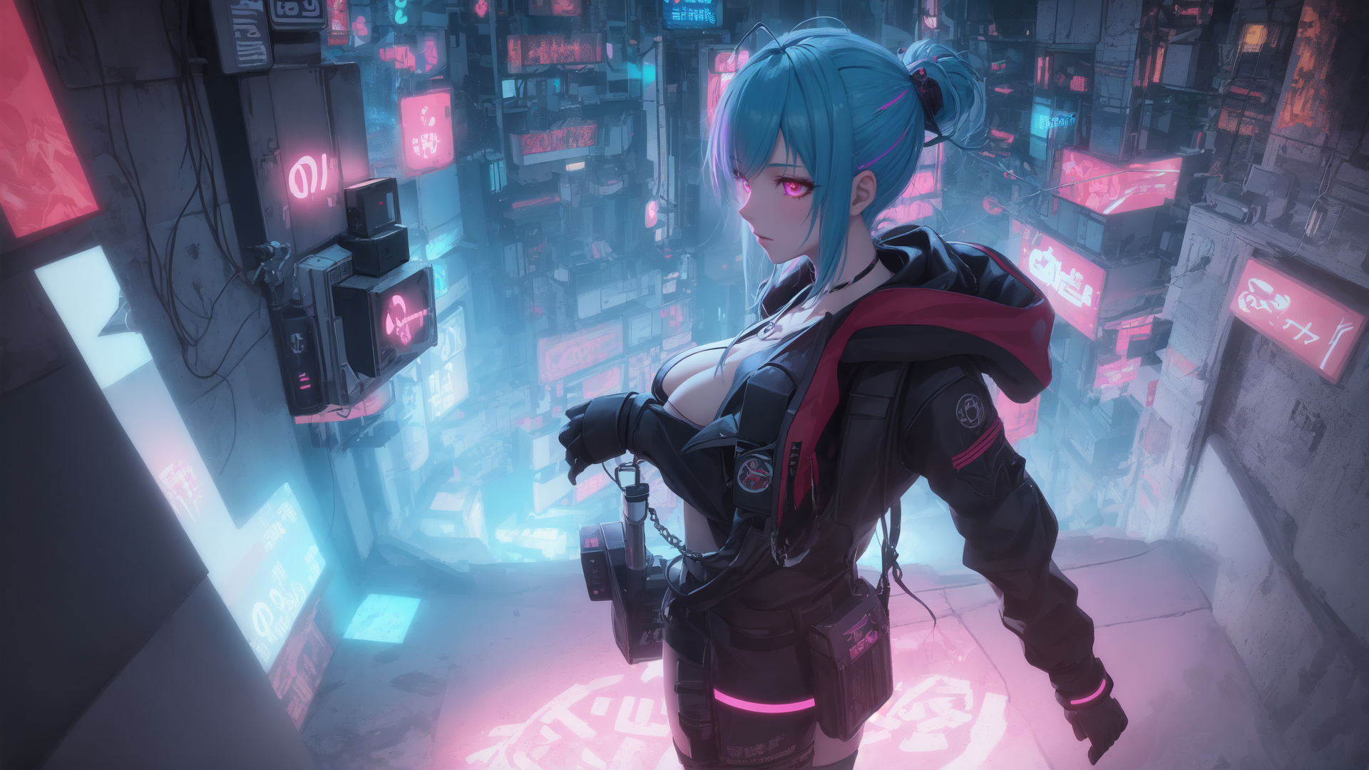 AI generated wallpaper featuring cyberpunk girl, neon city, camera