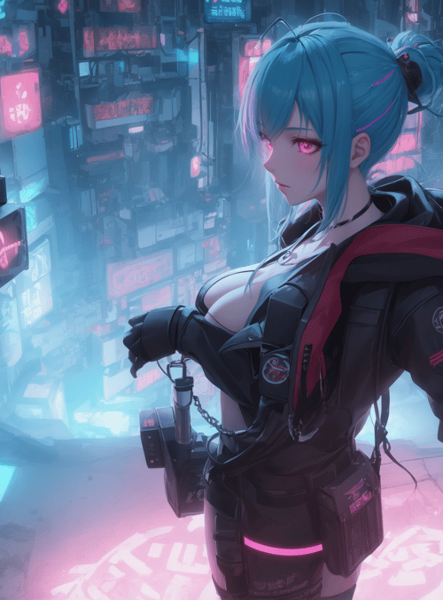 cyberpunk girl, neon city, camera