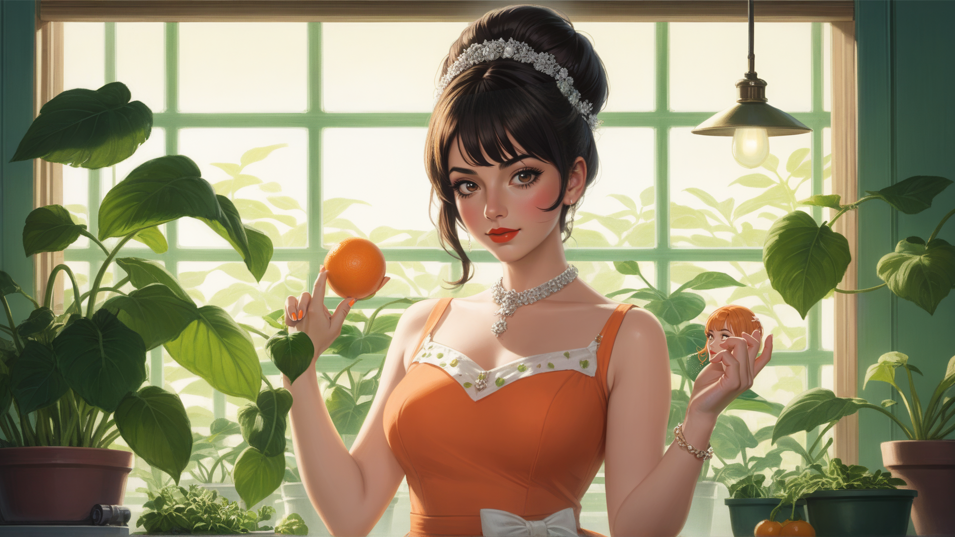 AI generated wallpaper featuring woman, orange, plants, dress, cherry