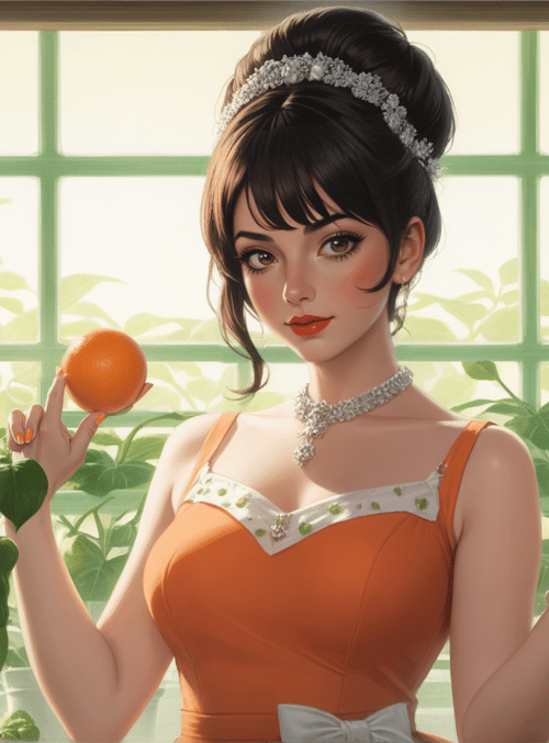 woman, orange, plants, dress, cherry