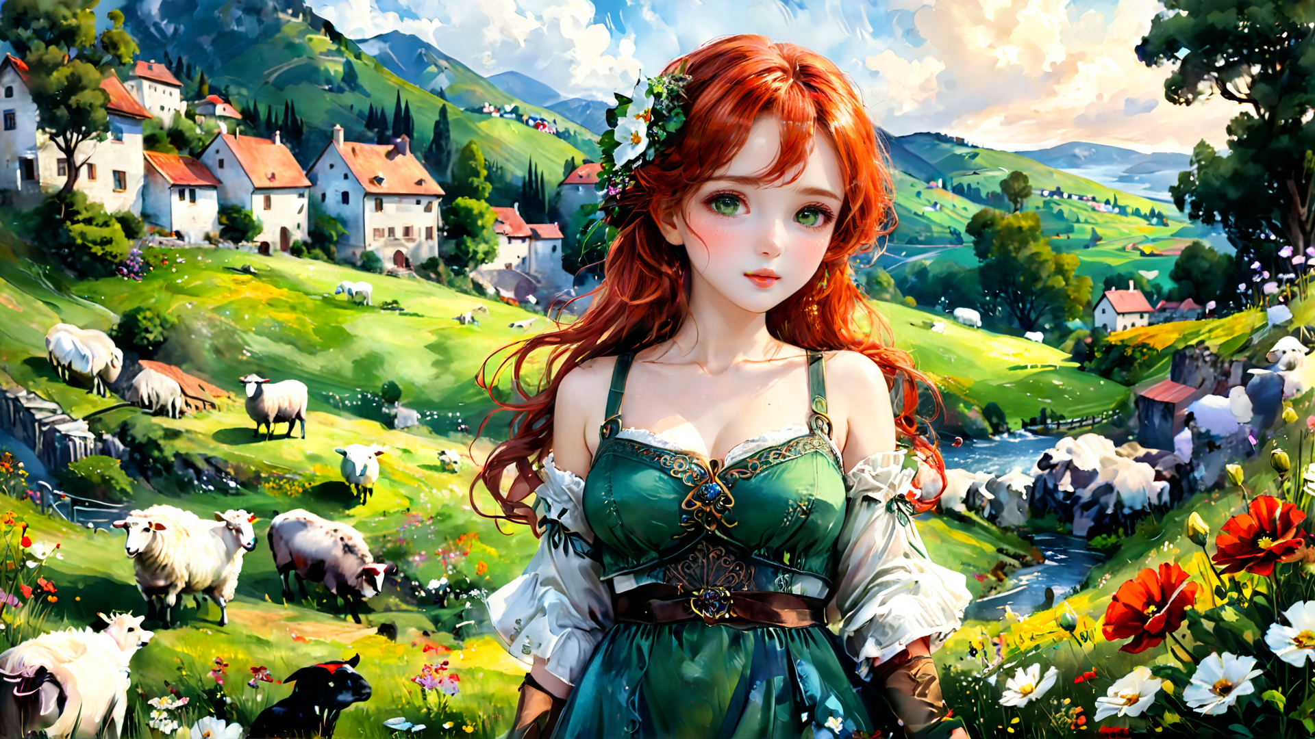 AI generated wallpaper featuring woman, sheep, flowers