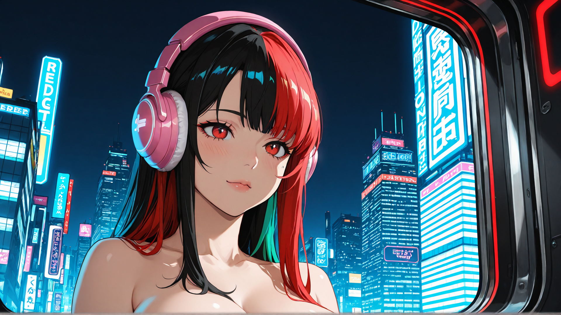 AI generated wallpaper featuring girl, headphones, cityscape, neon, building, signboard, window