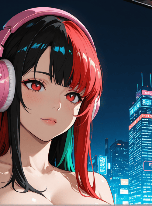 girl, headphones, cityscape, neon, building, signboard, window