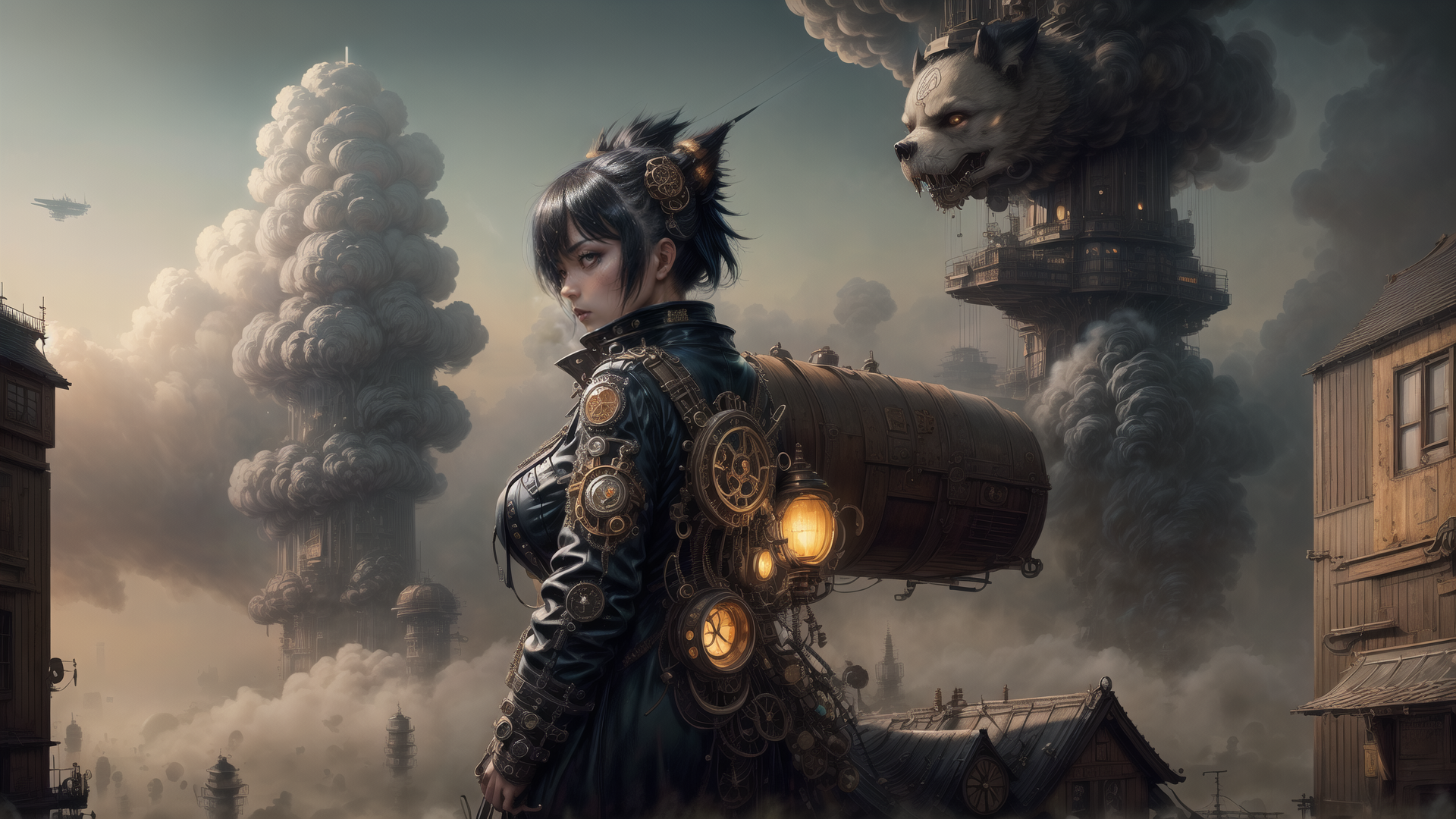 AI generated wallpaper featuring steampunk woman, mechanical creature, airship
