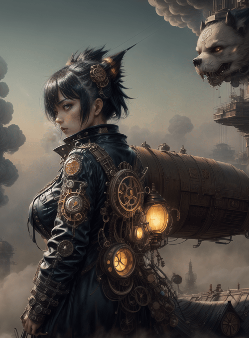 steampunk woman, mechanical creature, airship
