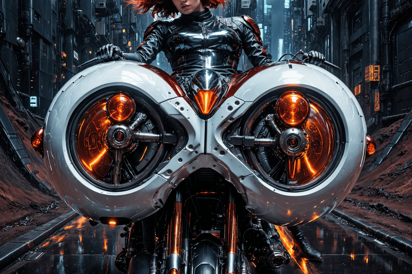 AI generated wallpaper featuring cyborg, motorcycle, woman