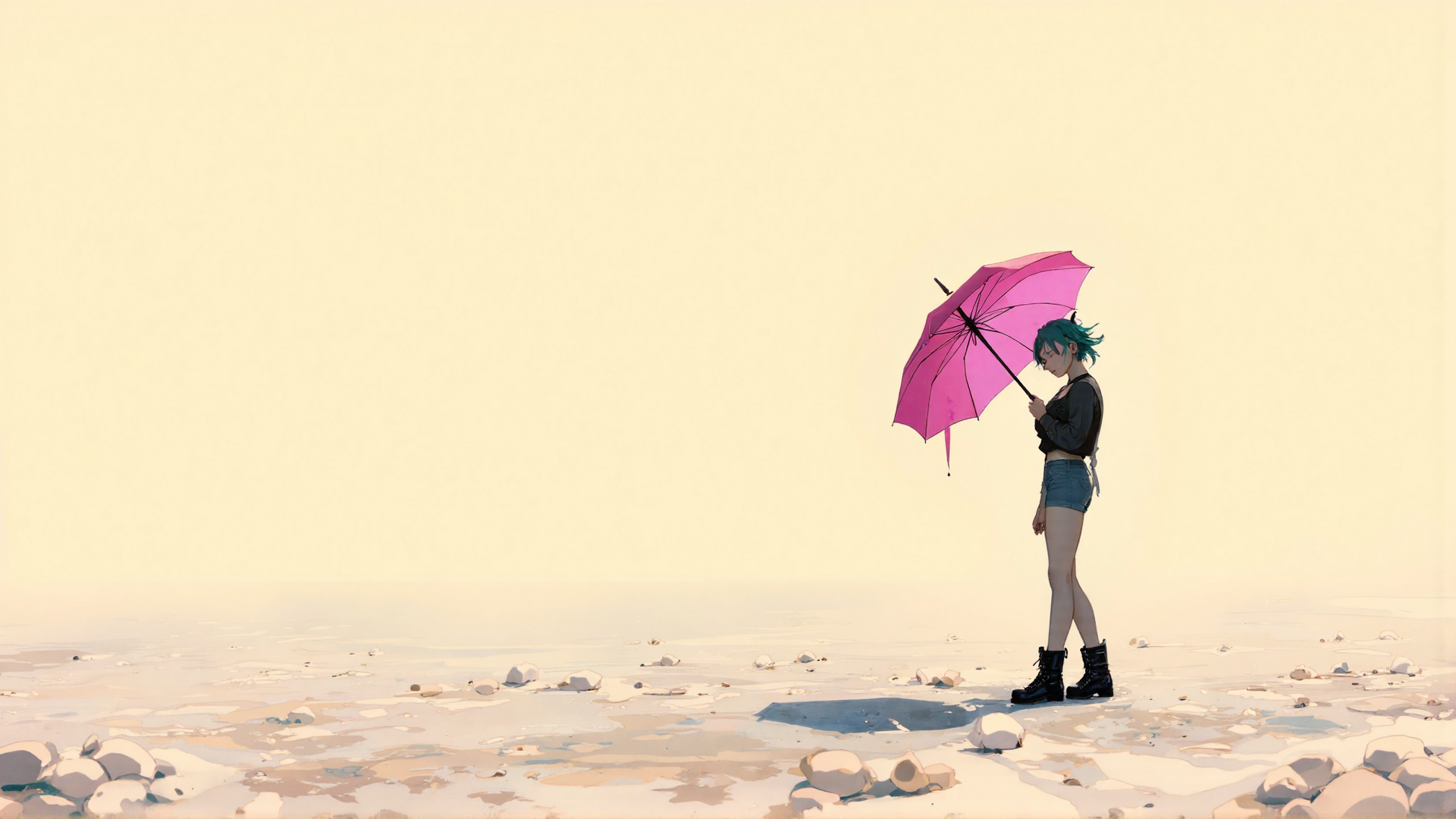 AI generated wallpaper featuring girl, umbrella, beach, rocks