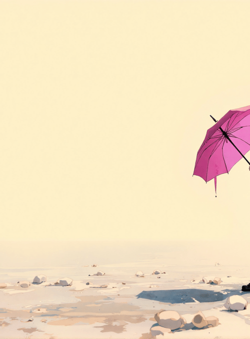 girl, umbrella, beach, rocks