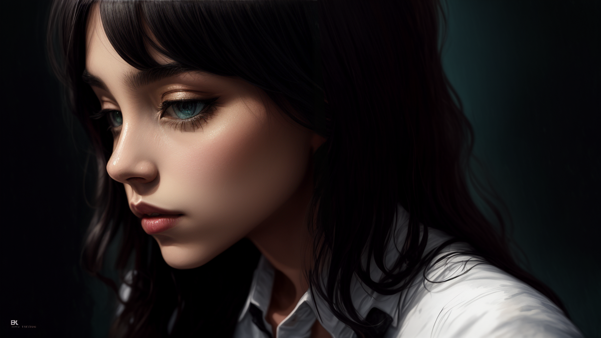 AI generated wallpaper featuring woman, hair, shirt