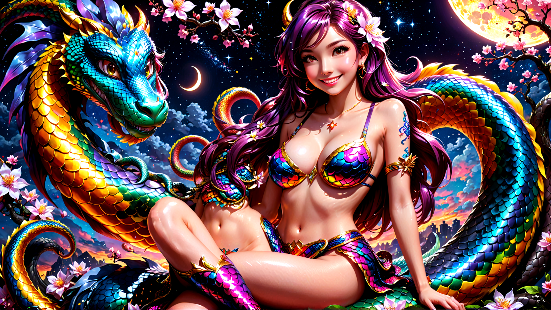 AI generated wallpaper featuring woman, dragon, cherry blossom, moon, stars