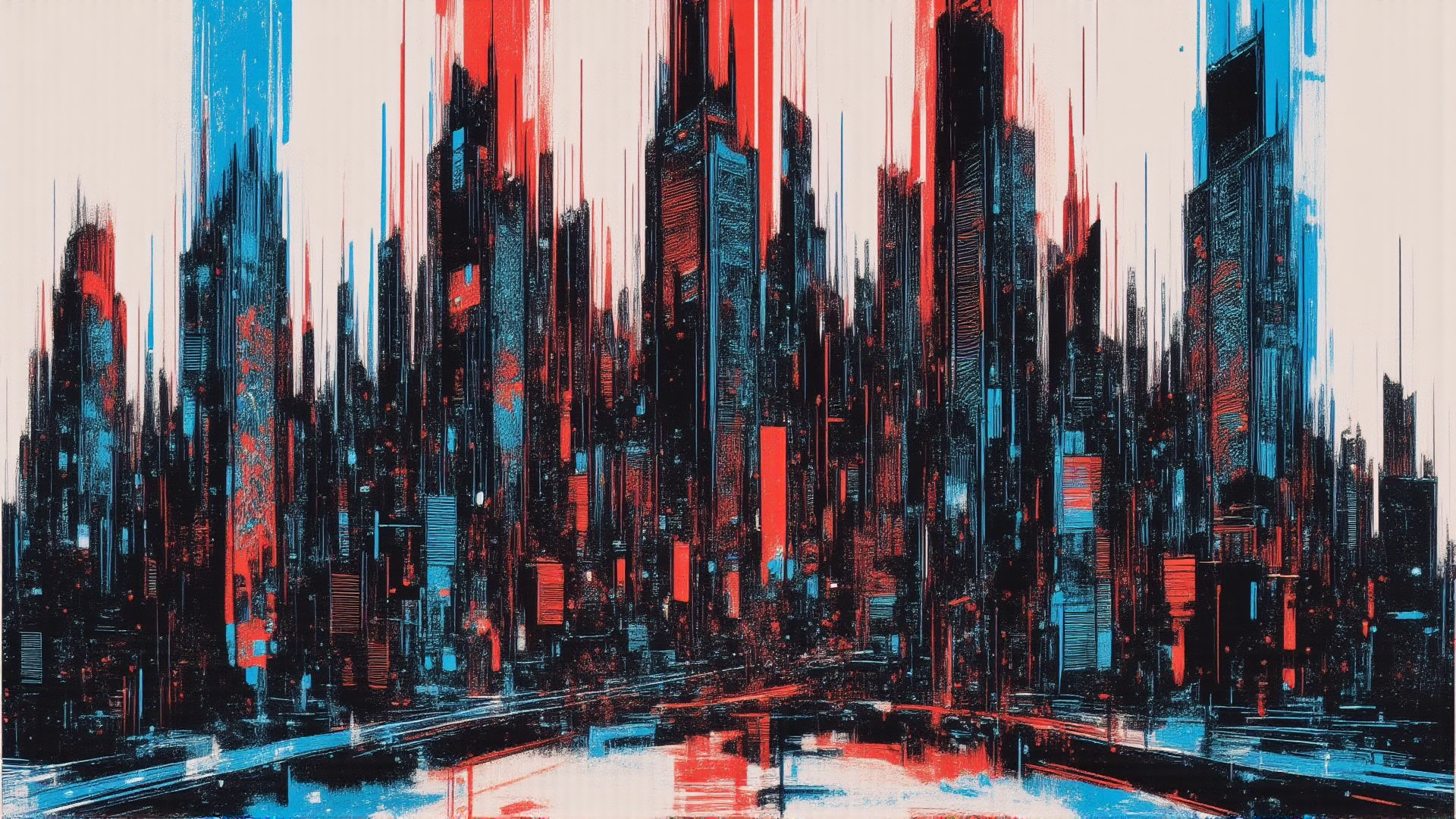AI generated wallpaper featuring cityscape, skyscrapers, urban, buildings, street, road, reflection, architecture, digital, art