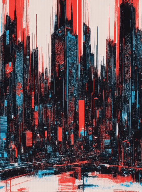cityscape, skyscrapers, urban, buildings, street, road, reflection, architecture, digital, art