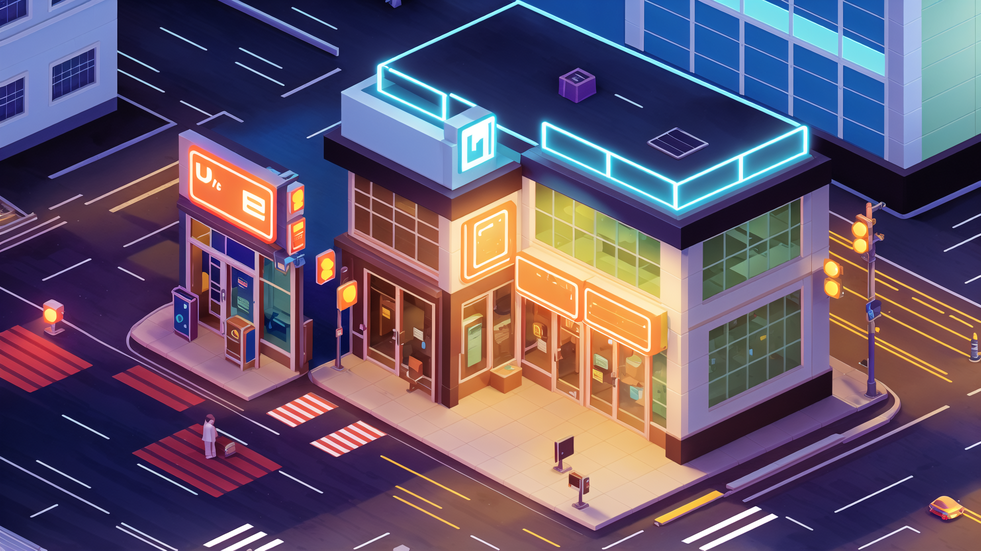 AI generated wallpaper featuring building, street, neon sign, traffic light, pedestrian, car, intersection, storefront, cityscape, solar panel