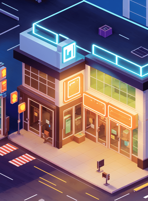 building, street, neon sign, traffic light, pedestrian, car, intersection, storefront, cityscape, solar panel