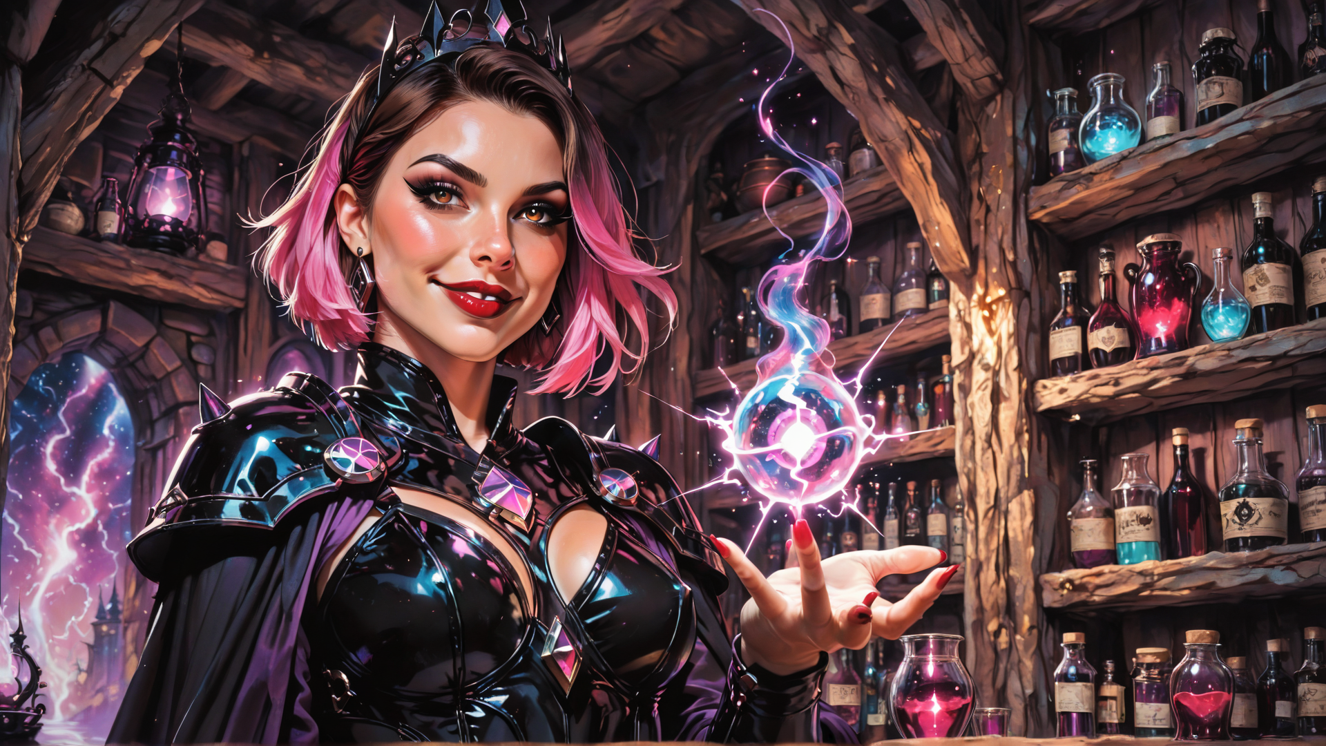 AI generated wallpaper featuring witch, mage, crystal, bottles, crown, armor, hand, laboratory, magic, spark